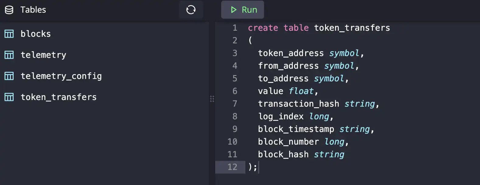 A SQL query in the QuestDB web console showing how to create a new table