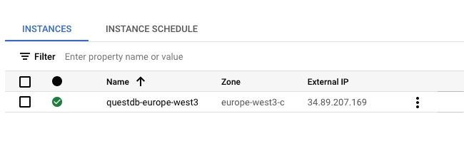 A QuestDB instance running on Google Cloud Platform showing a success status indicator